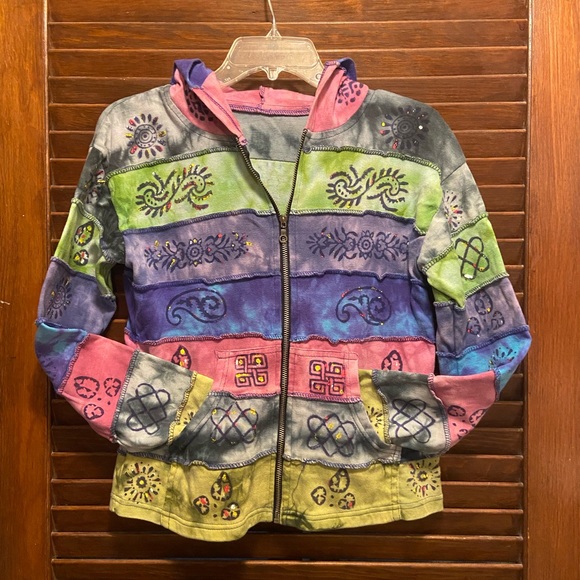 Boho tie-dyed, peaceful-vibe Hooded Knit Jacket with pockets. Soft & never worn. - Picture 4 of 14